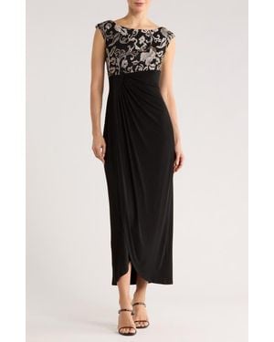 Connected Apparel Embroidered Bodice Faux Wrap Dress - Black