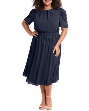London Times Shirred Crewneck Midi Dress - Blue