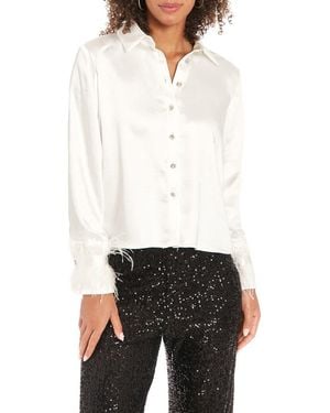 Muse Feather Trim Satin Button-Up Shirt - White