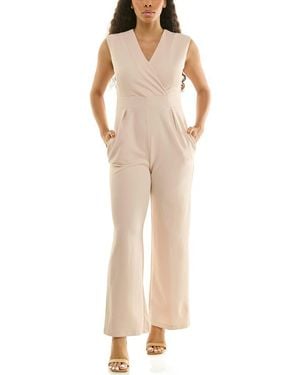Nina Leonard Surplice V-Neck Wide Leg Jumpsuit - Natural