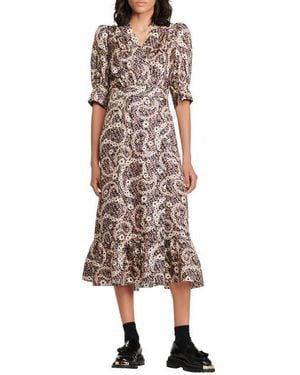 Sandro Enrika Floral Surplice Neck Silk Dress - Natural