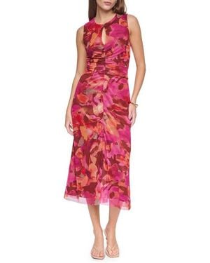 Halston Sleeveless Mesh Keyhole Dress - Red