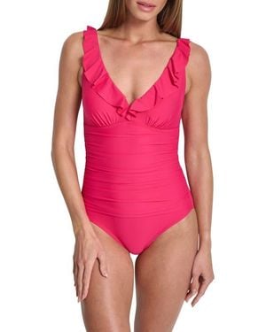 DKNY Ruffle V-Neck One-Piece Swimsuit - Pink