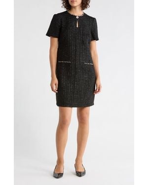 Eliza J Jewel Neck Short Sleeve Tweed Shift Dress - Black