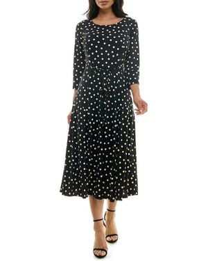 Nina Leonard Sylvia Printed Tie Waist Midi Dress - Black