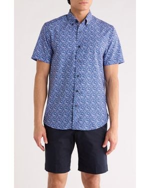 Con.struct Slim Fit Floral Leaf Print Short Sleeve Button-Down Shirt - Blue