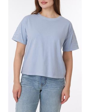 C&C California Toni Floral Embroidered Sleeve Boxy Cotton T-Shirt - Blue
