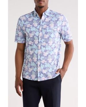 Nicoby Birdseye Print Short Sleeve Button Front Shirt - Blue