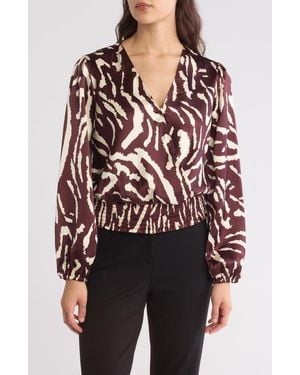 Pleione Long Sleeve Smocked Faux Wrap Top - Red