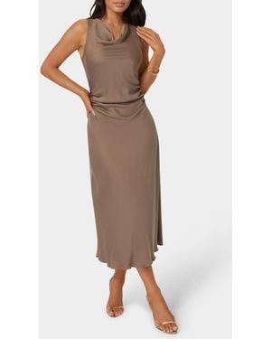 Bebe Crepe Satin Cowl Neck Midi Dress - Natural