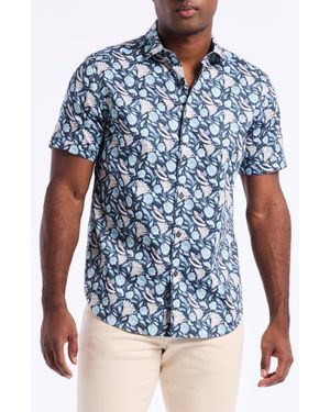 Robert Graham Floral Print Short Sleeve Cotton Button-Up Shirt - Blue