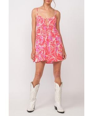 Sky To Moon Leaf Print Keyhole Empire Waist Minidress - Red