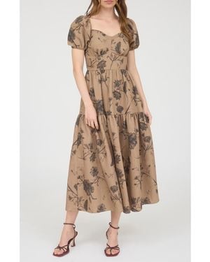 AUGUST SKY Puff Sleeve Midi Dress - Brown
