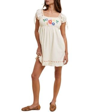 Wishlist Floral Embroidered Puff Sleeve Cotton Minidress - Natural