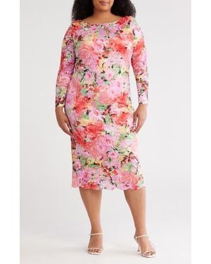 Marina Floral Long Sleeve Lace Midi Dress - Red