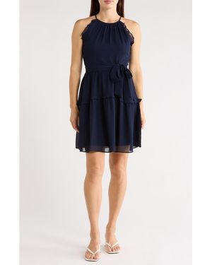 DKNY Ruffle Trim Chiffon Dress - Blue