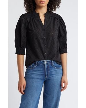 Wit & Wisdom Embroidered Eyelet Button-Up Shirt - Black