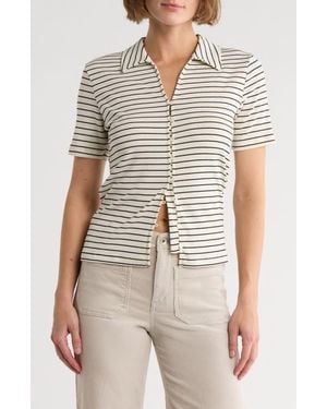 Sanctuary Stripe Button-Up T-Shirt - Gray