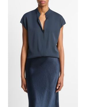 Vince Contrast-Placket Stretch-Silk Cap-Sleeve Blouse - Blue