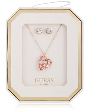 Guess Heart Pendant Necklace & Stud Earrings Set - White