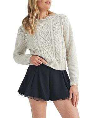 Lush Faux Pearl Bead Cable Knit Sweater - Gray