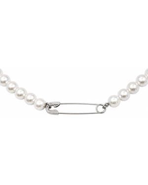 Rebel Safety Pin Pendant Faux Pearl Necklace - White