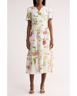 AUGUST SKY Floral Short Sleeve Tiered Midi Dress - White