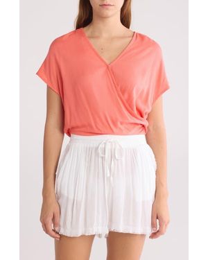 Elan Short Sleeve Faux Wrap Cover-Up Crop Top - Red