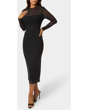 Bebe Rhinestone Mesh Long Sleeve Body-Con Dress - Black