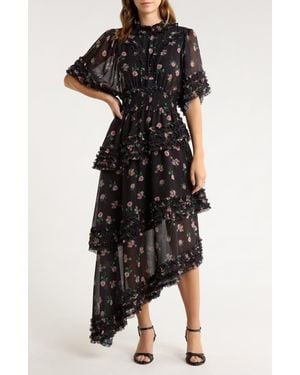 Sister Jane Rose Print Ruffle Maxi Dress - Black