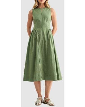 Mila + Mate Front Zip Sleeveless Fit & Flare Midi Dress - Green