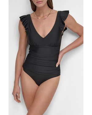 DKNY Ruffle Sleeve One-Piece Swimsuit - Black