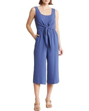 Connected Apparel Sleeveless Tie Front Capri Crop Jumpsuit - Blue