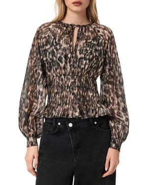 AllSaints Cern Print Smocked Top - Black