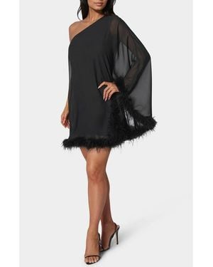 Bebe One Shoulder Feather Cape Dress - Black