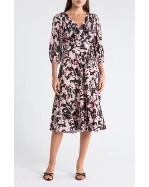 DKNY Floral Balloon Sleeve Faux Wrap Dress - Red