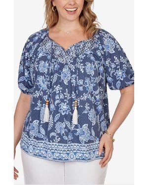 Ruby Rd. Floral Split Neck Clip Dot Top - Blue