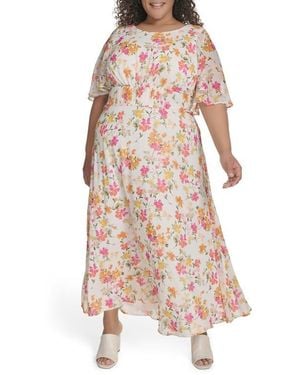 Calvin Klein Floral Capelet Short Sleeve Chiffon Maxi Dress - Multicolor