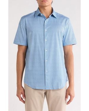 Bugatchi Plaid Stretch Cotton Short Sleeve Button-Up Shirt - Blue