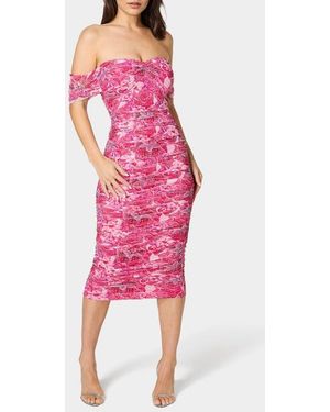 Bebe Off-The-Shoulder Ruched Midi Dress - Pink