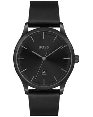 BOSS Three-Hand Quartz Leather Strap Watch, 43Mm - Black