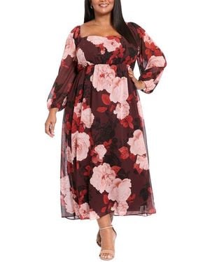 London Times Square Neck Long Sleeve Maxi Dress - Red