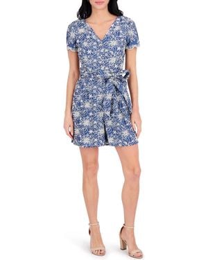Kensie Embroidered Tie Waist Romper - Blue