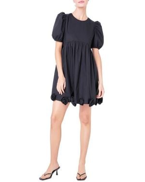 English Factory Corsage Puff Sleeve Babydoll Minidress - Black