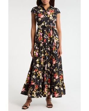 Avec Les Filles Floral Cap Sleeve Cotton Shirtdress - Multicolor