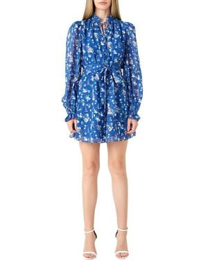 Endless Rose Floral Long Sleeve Chiffon Minidress - Blue