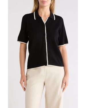 Adrianna Papell Scallop Trim Short Sleeve Polo Sweater - Black