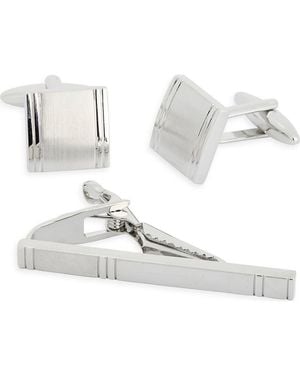 James Michael Square Cuff Links & Tie Bar Set - White