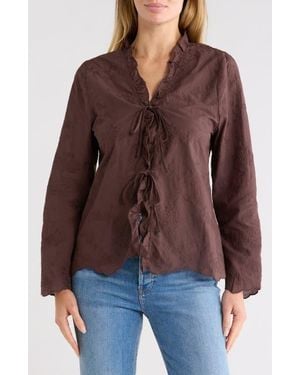 Forgotten Grace Tie Front Embroidered Cotton Shirt - Brown