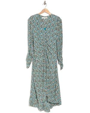 Joie Haruko Floral Print Ruched Long Sleeve High-Low Midi Dress - Green